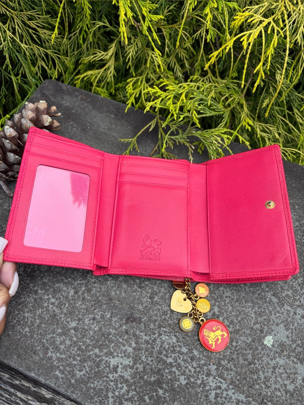MCM Hot Pink Leather Trifold Wallet with Charms & Gold Hardware - Picture 8 of 16